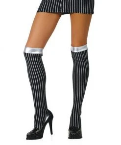 Roma Black And Silver Stripe Thigh High Tights For Adults